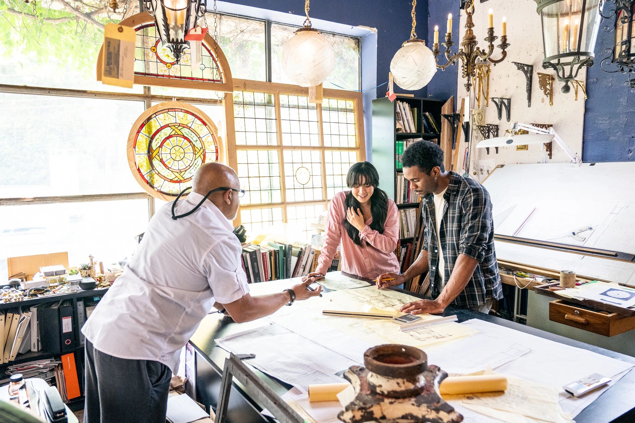 Creative professionals collaborating in a modern workspace